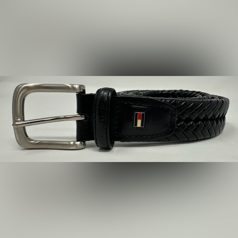 Tommy Hilfiger Braided Belt Mens 38/95 Black Leather Trim Casual Silver Buckle
